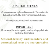Fernville Creations - Ceramic Coaster, Beach Theme, Surfboard, and Waves: 4 Inch Glossy