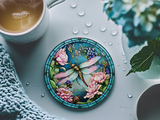 Fernville Creations - Dragonfly Coaster with Pink Flower for Coffee Table Decor: 4 Inch Glossy
