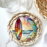 Fernville Creations - Ceramic Coaster, Beach Theme, Surfboard, and Waves: 4 Inch Glossy