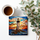 Fernville Creations - Lighthouse Coaster, Stained Glass Image, Glossy Finish