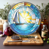 Fernville Creations - Sailboat Cutting Board, Tempered Glass, Nautical Serv Tray: 12 - Inch