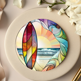 Fernville Creations - Ceramic Coaster, Beach Theme, Surfboard, and Waves: 4 Inch Glossy