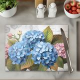 Fernville Creations - Tempered Glass Cutting Board, Blue & Pink Hydrangeas: 8 x 11 Inch
