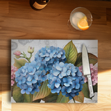 Fernville Creations - Tempered Glass Cutting Board, Blue & Pink Hydrangeas: 11 X 15 - Inch