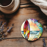Fernville Creations - Ceramic Coaster, Beach Theme, Surfboard, and Waves: 4 Inch Glossy