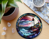 Fernville Creations - Lighthouse Ceramic Coaster with Stained Glass Design: 4 Inch Glossy