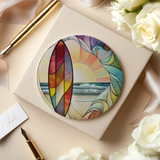 Fernville Creations - Ceramic Coaster, Beach Theme, Surfboard, and Waves: 4 Inch Glossy