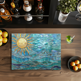 Fernville Creations - Ocean & Sun Tempered Glass Kitchen Cutting & Serving Board: 8x11 Inches