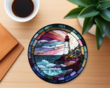 Fernville Creations - Lighthouse Ceramic Coaster with Stained Glass Design: 4 Inch Glossy