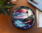 Fernville Creations - Lighthouse Ceramic Coaster with Stained Glass Design: 4 Inch Glossy
