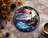 Fernville Creations - Lighthouse Ceramic Coaster with Stained Glass Design: 4 Inch Glossy