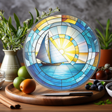 Fernville Creations - Sailboat Cutting Board, Tempered Glass, Nautical Serv Tray: 12 - Inch