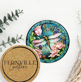 Fernville Creations - Dragonfly Coaster with Pink Flower for Coffee Table Decor: 4 Inch Glossy