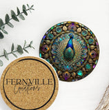 Fernville Creations - Peacock Imitation Stained Glass Ceramic Coaster: 4 Inch Glossy