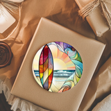 Fernville Creations - Ceramic Coaster, Beach Theme, Surfboard, and Waves: 4 Inch Glossy