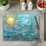 Fernville Creations - Ocean & Sun Tempered Glass Kitchen Cutting & Serving Board: 8x11 Inches